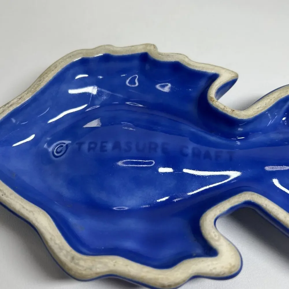 Vtg Treasure Craft Tropical Blue Fish Shaped Ceramic Spoon Rest Soap Dish USA
